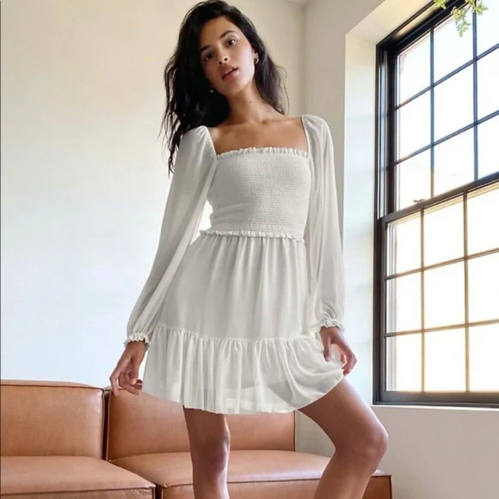 Aritzia Wilfred Tempest Smocked Tiered Long Sleeve Mini Dress